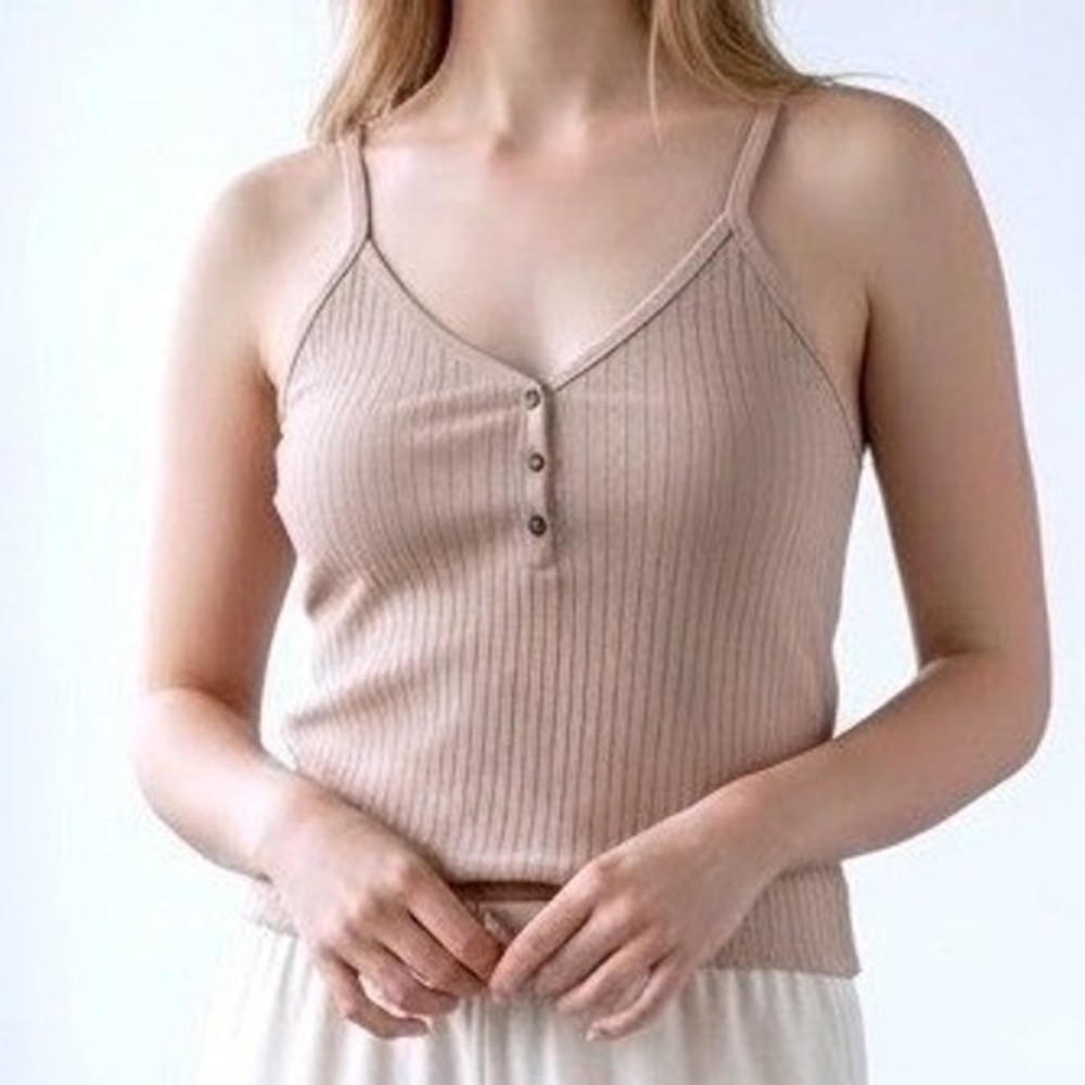 TOPSHOP Ribbed Henley Tank Top‎ Spaghetti Strap Button Front Pink Women's Size 6